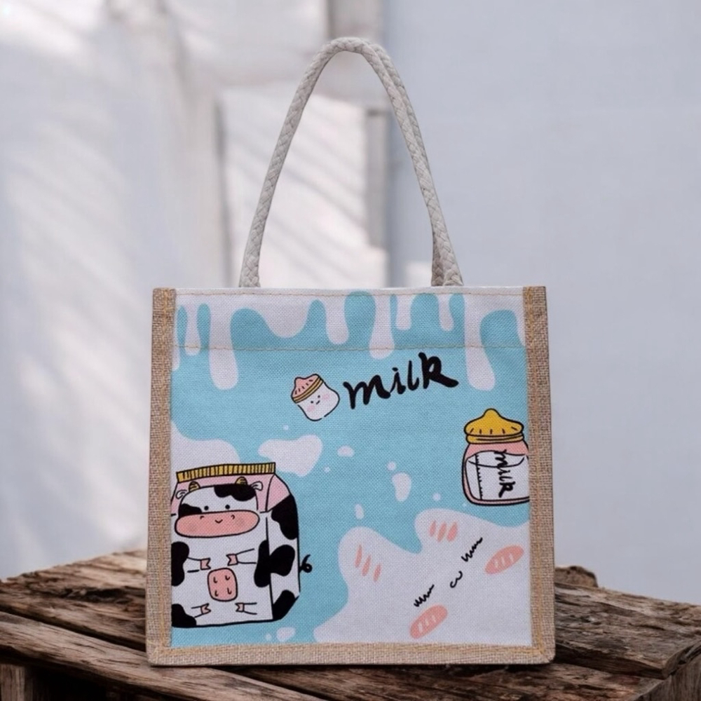 Women's Cartoon Cow and Milk Carton Tote Canvas Bag Medium Blue